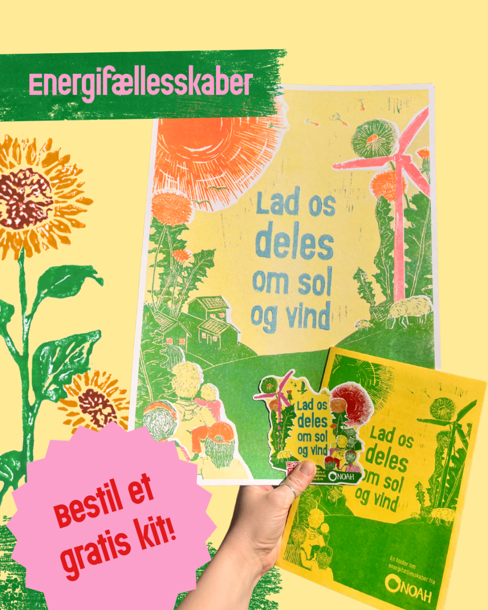 Billede af folder, plakat og klistermærker hvor der står: Lad os deles om sol og vind